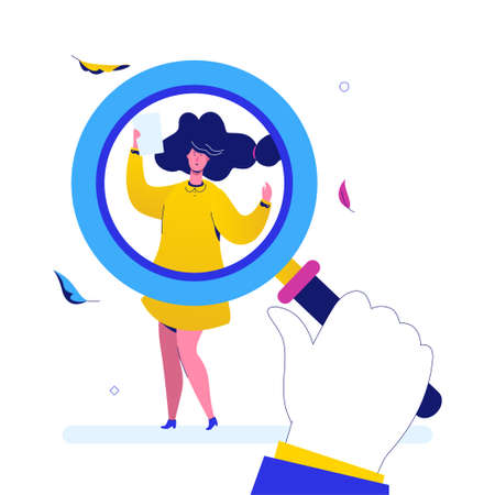 Search for candidate - flat design style illustration on white background. A colorful composition with a big magnifying glass, young female worker with a resume. Recruitment and human resource conceptのイラスト素材