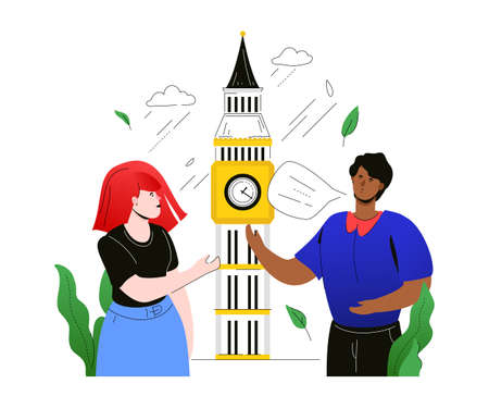 Visit the UK - colorful flat design style illustration on white background. A composition with male, female tourists talking with each other, standing at Big Ben. Traveling and tourism conceptのイラスト素材