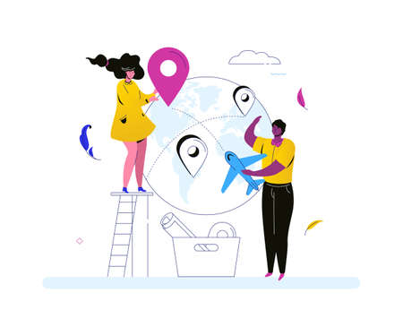 Travel around the world - colorful flat design style illustration on white background. A composition with tourists, man holding a plane, a woman with a map pointer. Touristic destinations conceptのイラスト素材