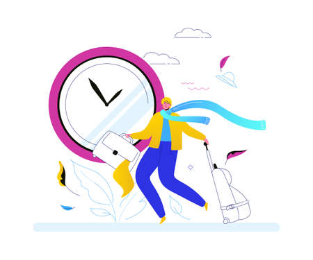 Going on vacation - colorful flat design style illustration on white background. High quality composition with a male character, cute boy with baggage, running, big clock. Traveling conceptのイラスト素材