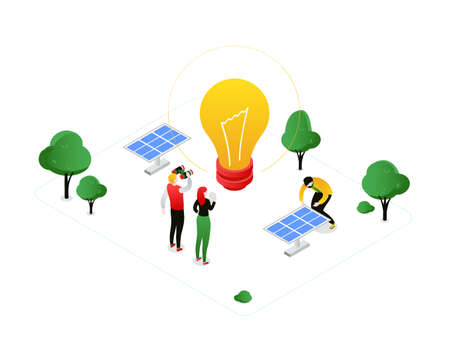 Renewable energy - modern colorful isometric vector illustration on white background. A composition with male, female characters looking at a big lightbulb, solar panels, trees. Ecology conceptのイラスト素材