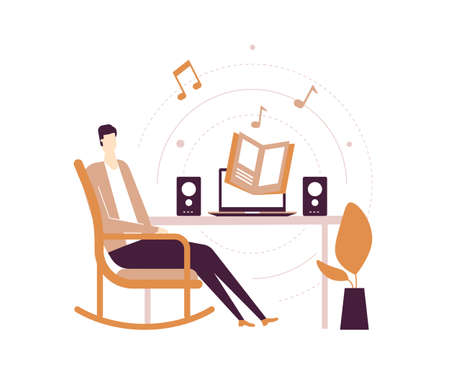 Listening to audiobooks - flat design style illustration on white background. Quality composition with a young man in headset sitting at home in a chair, enjoying a book from the laptop with speakersのイラスト素材