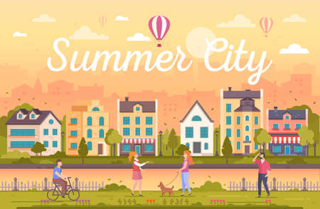 Summer city - modern flat design style vector illustration on orange background with heading. Urban landscape with nice buildings, cafes, trees, fence, lanterns, people walking, cycling, talkingのイラスト素材