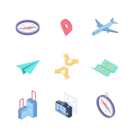 Traveling and location - modern vector colorful isometric elements isolated on white background. A collection of objects, compass, map pointer, baggage, paper plane, camera, arrows. Vacation conceptのイラスト素材