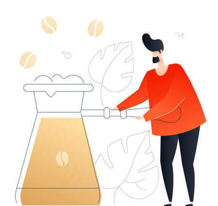 Boy preparing coffee - flat design style colorful illustration on white background. An unusual composition with cute character, a man holding a cezve, images of beans, linear leaves. Cafe conceptのイラスト素材