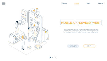 Mobile App Development Line Design Style Isometric Web Banner On
