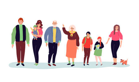Cute characters - modern colorful flat design style illustration on white background. A collection with young parents with baby, cheerful senior people, schoolchildren, boy and girl, a woman with dogのイラスト素材
