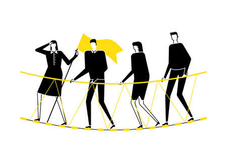 Motivation concept - flat design style vector illustration. Black, white and yellow unusual composition with a business team, male and female colleagues going on a rope bridge, overcoming difficultiesのイラスト素材