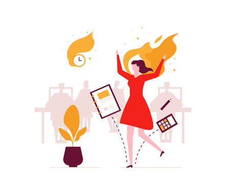 Job burnout - modern flat design style illustration. An unusual composition with a female office worker on fire, having a deadline. Stress at work conceptのイラスト素材