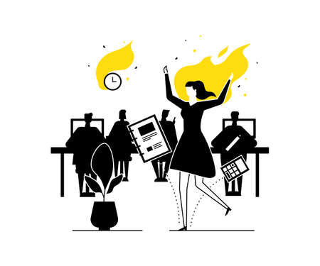 Job burnout - modern flat design style illustration. Black, white and yellow unusual composition with a female office worker on fire, having a deadline. Stress at work, time management conceptのイラスト素材