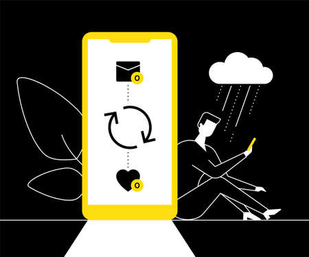 Loneliness on the Internet - flat design style illustration. Black, white and yellow image of a sad boy checking a smartphone, refreshing the page, having zero messages and likes on his social networkのイラスト素材