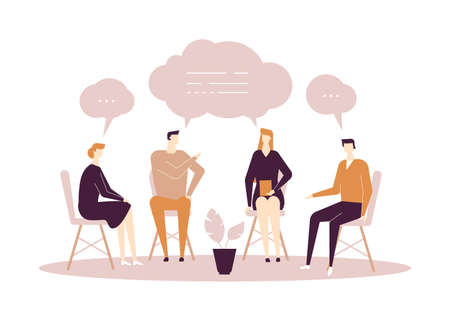 Group therapy - modern flat design style illustration on white background. High quality composition with men and women sharing their emotions and feelings, talking. Psychological problems conceptのイラスト素材