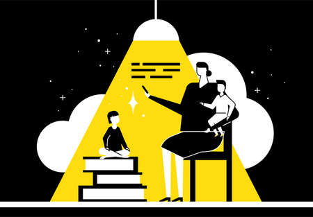 Family reading - flat design style conceptual illustration. Black, yellow and white trendy composition with characters, mother sitting on chair and children, books, lamp. Education, hobby conceptのイラスト素材