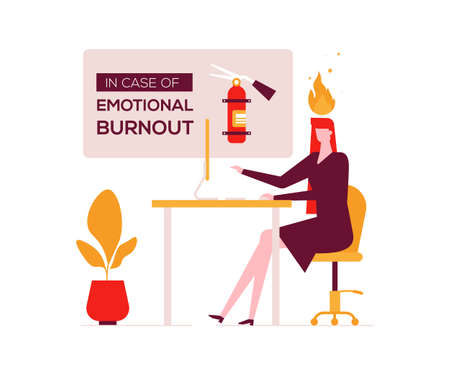 Job burnout - modern flat design style illustration. An unusual composition with a tired female office manager working at the computer, image of a fire extinguisher. Stress at work, deadline conceptのイラスト素材