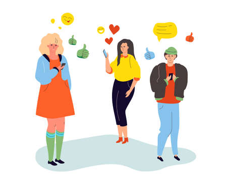 Loneliness on the Internet - colorful flat design style illustration on white background. A composition with a group of sad teenagers checking smartphones, having a lot of likes on social networksのイラスト素材