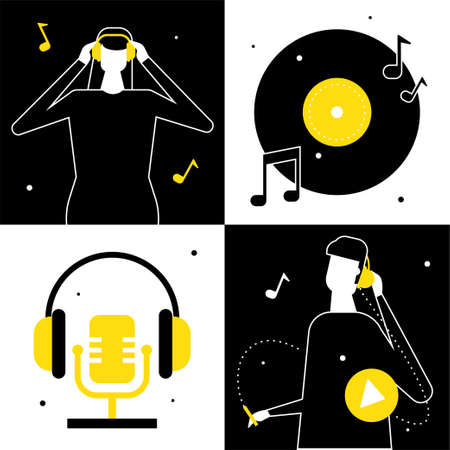 Listening to music - flat design style illustrationのイラスト素材