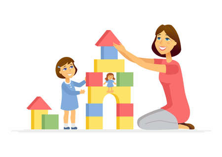 Mother and daughter playing - cartoon people characters illustrationのイラスト素材