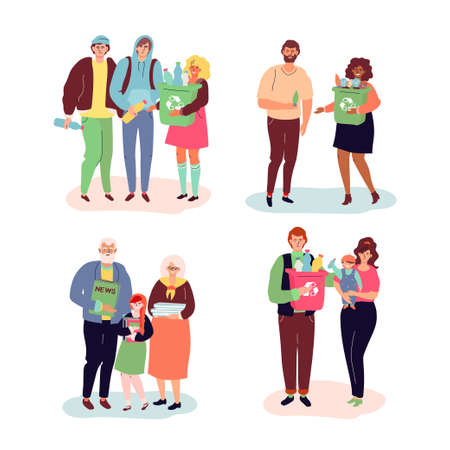 Recycling - modern colorful flat design style illustration. Male, female characters, teenagers, adults, couple, family and senior people holding recyclables, paper, plastic and lightbulbs. Eco conceptのイラスト素材