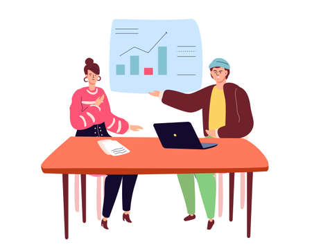 Business meeting - modern colorful flat design style illustration on white background. A composition with a man and woman at the desk in the office analyzing the diagrams and charts on a whiteboardのイラスト素材