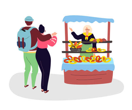 Couple buying bread - colorful flat design style illustration on white background. A composition with a boy and a girl hugging, stopping at a bakery shop. Street food, city life conceptsのイラスト素材