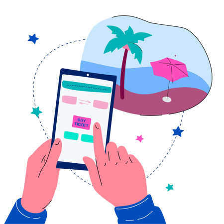 Buying flight tickets online - colorful flat design style illustration on white background. A composition with a hand holding a smartphone, picture of a beach with palm tree. Summer vacation, travelのイラスト素材