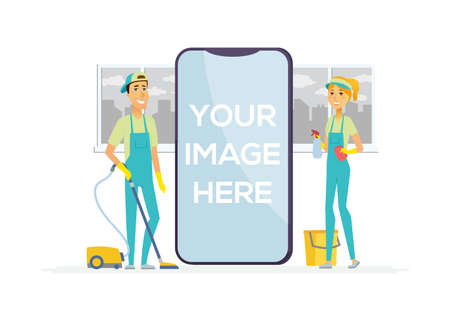 Cleaning staff - cartoon people characters isolated illustration. Male and female workers in overalls with tools: vacuum cleaner, mop, bucket, spray bottle. A smartphone with place for your imageのイラスト素材