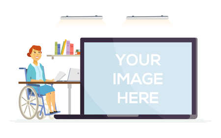 Disabled worker - modern cartoon people character illustration. A composition with a woman in wheelchair working at the computer in the office. A laptop with place for your image on the screenのイラスト素材