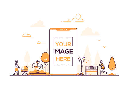 City park - modern thin line design style vector illustration on white background. Orange colored composition with a lantern, bench, fountain. A smartphone with place for your image on the screenのイラスト素材