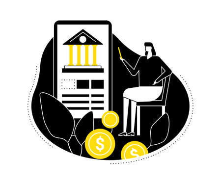 Mobile banking - flat design style vector illustration. Black, yellow and white composition with a woman using a smartphone, mobile app to make online financial operations, images of coinsのイラスト素材