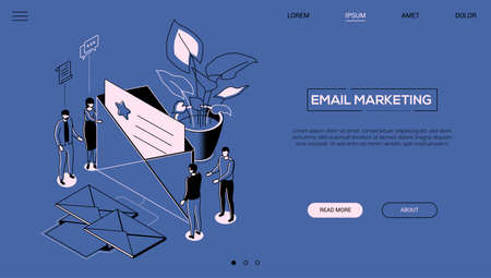 Email marketing - line design style isometric web banner with copy space for text. Bright website header with male, female colleagues, company staff holding big envelope with a business letter, emailのイラスト素材