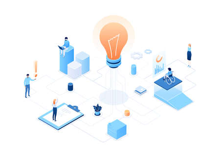 Creativity at work - modern vector isometric colorful illustration on white background. Scenes with business people, male, female colleagues working together, a big lightbulb, clipboard, diagramsのイラスト素材