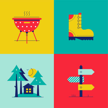 Tourism and hiking - colorful flat design style elements. High quality unusual collection of bright images. A pot, boot, house in the woods, crossroad sign. Traveling, active lifestyle conceptのイラスト素材