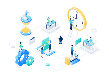 Time management - modern colorful isometric vector illustration on white background. A composition...