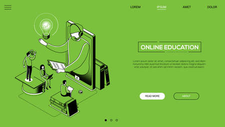 Online education - line design style isometric web banner on green background with copy space for text. Male, female students watching a tutorial on smartphone, teacher in headset. Books, academic capのイラスト素材
