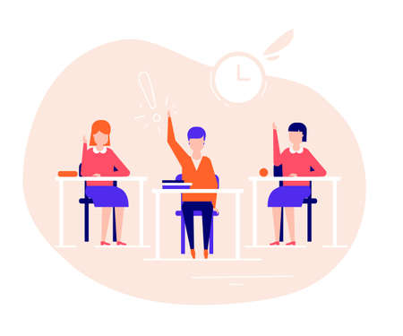 Students on the lesson - flat design style illustration. High quality composition with students, boys and girls sitting at their desks in the classroom, raising hands. Education, school conceptのイラスト素材