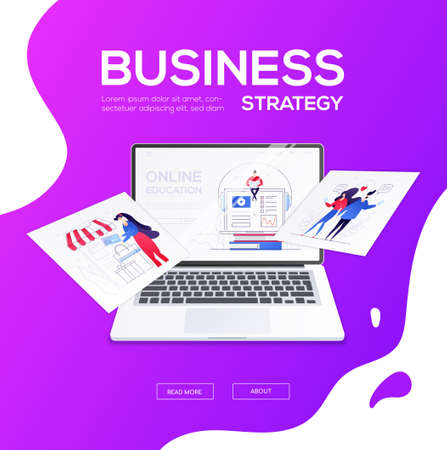 Business strategy - flat design style colorful web banner with place for title, text. A composition with a laptop and pictures with male, female characters. Online shopping, dating, learning themesのイラスト素材