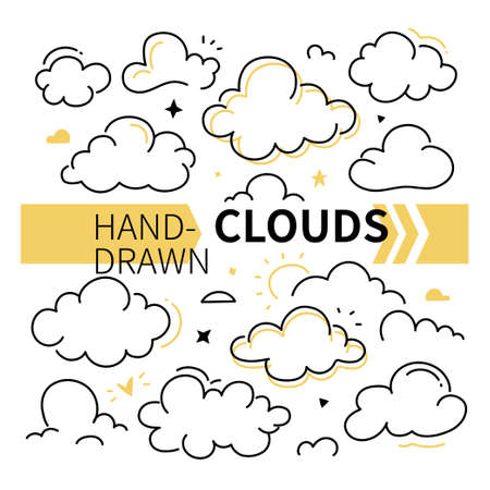 Hand-drawn clouds collection - set of vector linear elements isolated on white background. Cloudy weather cartoon symbols, cumulus of different forms and shapes. Cloudscape, sky itemsのイラスト素材