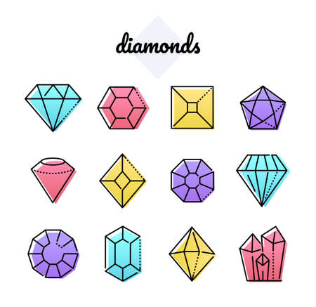 Set of diamonds - line design style objects isolated on white background. Blue, yellow, red, purple images of different minerals and crystals. Beautiful linear gemstones of various shapes and formsのイラスト素材