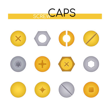 Screw caps collection - set of vector flat design style elements isolated on white background. Silver and golden colored images of metal, steel bolts, nails and nuts heads. Top view position of toolsのイラスト素材