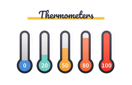 Thermometers collection - set of flat design style objects isolated on dark background. Colorful...