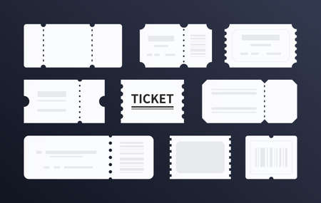Blank ticket templates - set of vector flat design style elements isolated on black background. White empty passes of different shapes, with barcodes, detachable sections. Cinema, flight itemsのイラスト素材
