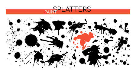 Black paint splatters - set of decorative design elements on white background. A collection of ink hand drawn abstract splashes with drops. Acrylic dirty marks, spots, spray splashes textureのイラスト素材