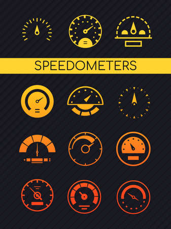 Different speedometers collection - set of vector elements on white background. Yellow, orange, red...