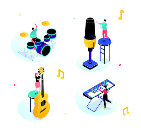 Music party - modern isometric scenes with characters. Happy people, boys, girls playing musical instruments, the guitar, piano, drums, singing with microphone illustration. Hobby, entertainment themeのイラスト素材