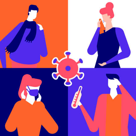 Coronavirus disease symptoms - flat design style illustration. Male and female cartoon characters having sore throat, runny nose, high temperature symptoms of virus. A woman in a protective maskのイラスト素材