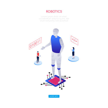 Robotics concept - modern isometric vector web banner with copy space for text. Artificial intelligence, coding, modern technologies idea. Robot, male, female scientists, workers with tools imagesのイラスト素材