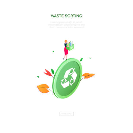 Waste sorting - modern colorful isometric vector web banner with copy space for text. Website header with a woman holding a box with plastic bottles for recycling. Ecology, eco lifestyle conceptのイラスト素材