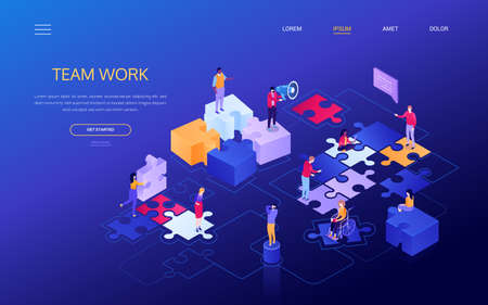Team work - colorful isometric vector web banner with copy space for text. A website header with business people, colleagues collecting puzzle pieces. Cooperation, teambuilding and brainstorm conceptのイラスト素材