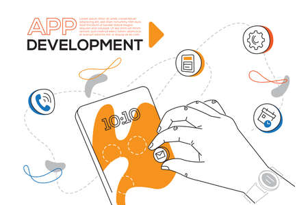 App development - colorful flat design style web banner with line elements and copy space for text. An unusual illustration with a hand putting buttons on a smartphone screen, mobile service ideaのイラスト素材