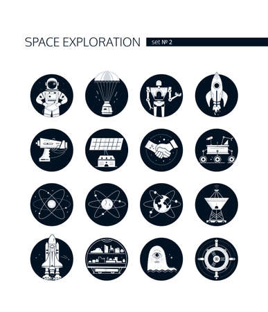 Space exploration - modern vector set of icons in round frames on white background. Cosmic exploration idea. Astronaut, capsule, rocket, robot rover, orbit, satellite dish, shuttle, colonizationのイラスト素材